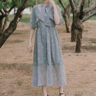 Cape-sleeve Lace Paneled Buttoned A-line Midi Dress