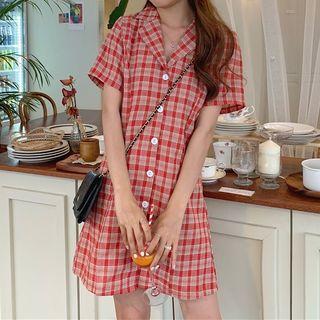 Plaid Single-breasted Short-sleeve A-line Dress
