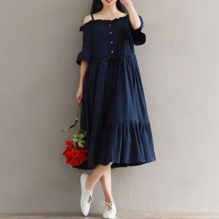 Cold-shoulder Drawstring Midi A-line Dress