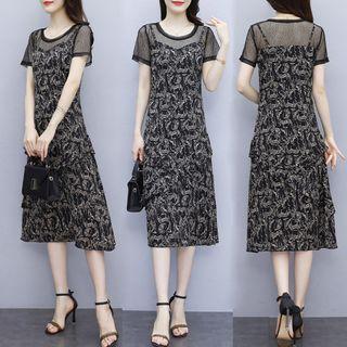 Short-sleeve Mesh Panel Print A-line Dress