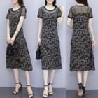 Short-sleeve Mesh Panel Print A-line Dress