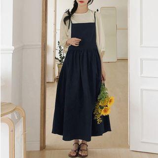 Lantern-sleeve Blouse / Spaghetti Strap Midi Dress