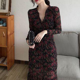 Floral Long-sleeve Midi Dress As Shown In Figure - One Size