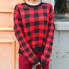 Round-neck Checked Knit Top