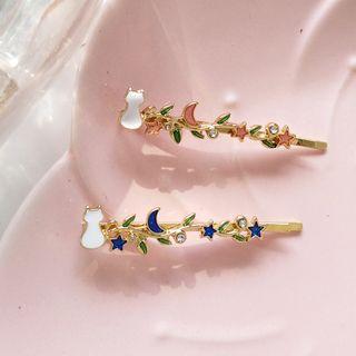 Alloy Cat Rhinestone Moon & Star Hair Pin Blue - One Size