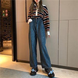Color-block Striped Long-sleeve Top / Plain High-waist Jeans