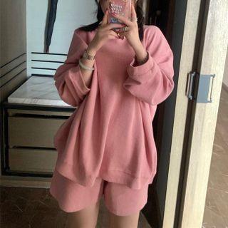 Plain Long-sleeve Top / Simple Shorts - Set Of 2 Pink - One Size