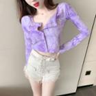 Tie-dye Print Long-sleeve Button Cropped T-shirt Gradient Purple - One Size
