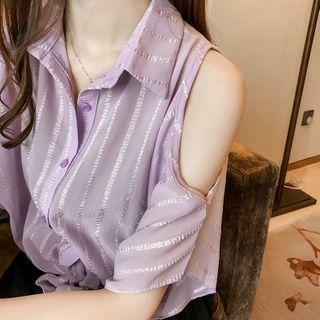 Cold-shoulder Tie-front Striped Blouse