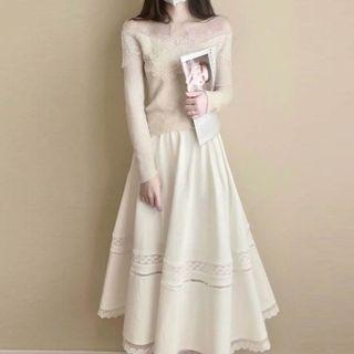 Long-sleeve Off-shoulder Floral Applique Top / Lace Trim Midi A-line Skirt / Set