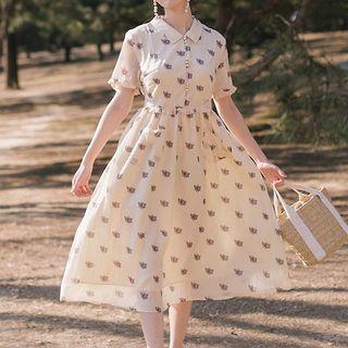 Short-sleeve Floral Frill Trim A-line Midi Dress