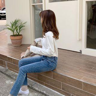 Washed Fleece-lined Straight-cut Jeans