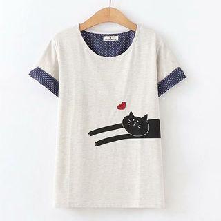 Short-sleeve Cat Print T-shirt Gray - One Size