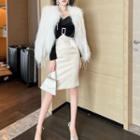 Long-sleeve Two-tone Bow Accent Velvet Sheath Dress