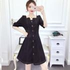 Elbow-sleeve Stitch Trim Buttoned A-line Mini Dress