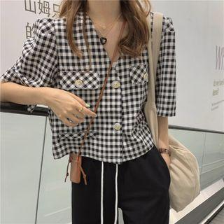 Short-sleeve Single Breasted Plaid Blazer Black & White - One Size