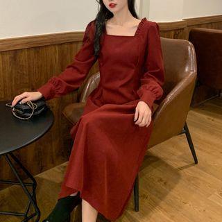 Long Sleeve Frill-trim Square Neck A-line Dress