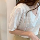 Puff-shoulder Crochet Blouse Ivory - One Size