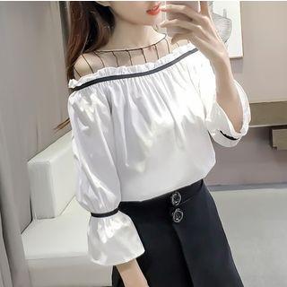 Mesh Panel Contrast Trim 3/4 Sleeve Blouse