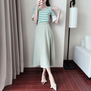 Set: Striped V-neck Short-sleeve T-shirt + A-line Midi Skirt