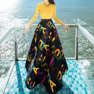 Set: Long-sleeve Knit Top + Print Maxi Skirt