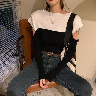 Two-tone Cut-out Long-sleeve Knit Top As Shown In Figure - One Size