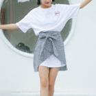 Set: Embroidered Short-sleeve Long T-shirt + Gingham A-line Skirt
