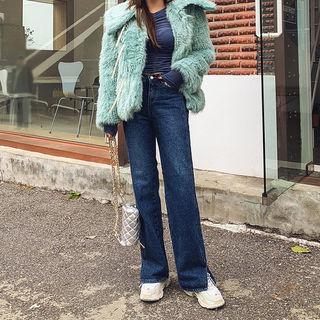 Slit-side Fleece-lined Wide-leg Jeans