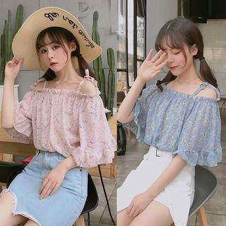 Print Open Shoulder Short-sleeve Blouse