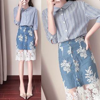 Set: Striped Elbow-sleeve Blouse + Lace Panel Denim Skirt