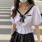 Puff-sleeve Sailor Collar Blouse / Pleated Mini A-line Skirt