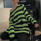 Striped Distressed Knit Top Striped - Black & Green - One Size