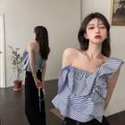 One-shoulder Striped Ruffle Blouse