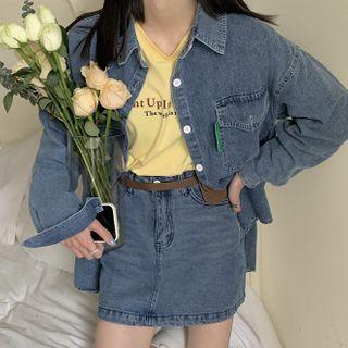 Short-sleeve Lettering T-shirt / Denim Shirt / Mini A-line Skirt