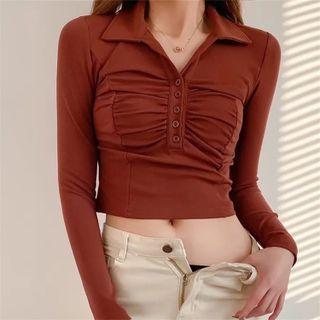 Long-sleeve Polo-neck Ruched Cropped Top