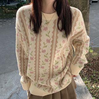 Floral Print Sweater Light Purple Floral - White - One Size