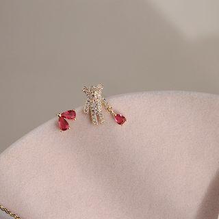 Non-matching Stud Earring 1 Pair - Red & Gold - One Size