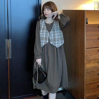 Long-sleeve Mini A-line Dress / Buttoned Plaid Vest