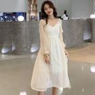 Dotted Chiffon Long Light Jacket / Lace Trim Spaghetti Strap Midi A-line Dress
