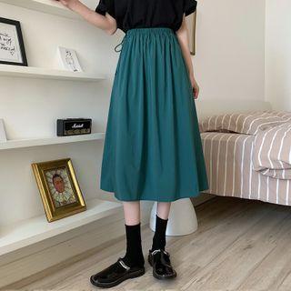 Elastic-waist Plain Midi A-line Dress