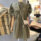 Puff-sleeve Shirred Plain A-line Dress