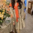 Long-sleeve Floral Print Mini A-line Corduroy Dress / Knit Shawl