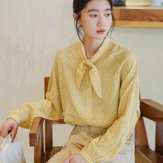 Tie-neck Plaid Blouse Plaid - Yellow - One Size
