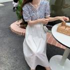 Short-sleeve Flower Print Blouse / Midi A-line Skirt