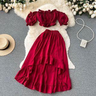 Set Of 2 : Short-sleeve Off-shoulder Cropped Top + High-waist Ruffle Asymmetrical A-line Skirt