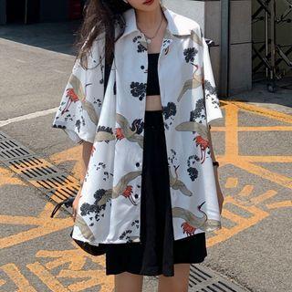 Crane Print Elbow-sleeve Chiffon Shirt