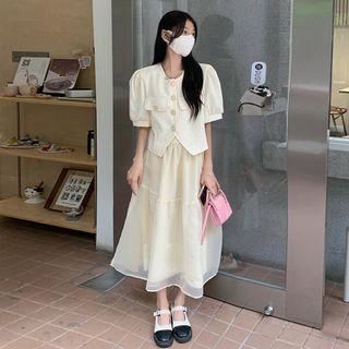 Short-sleeve Plain Blouse / Midi A-line Skirt