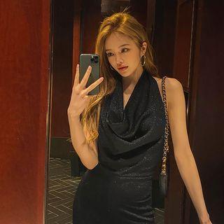 Halter Open-back Glittered Jumpsuit