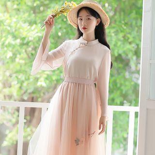 Set: Long-sleeve Qipao Top + Midi A-line Mesh Skirt