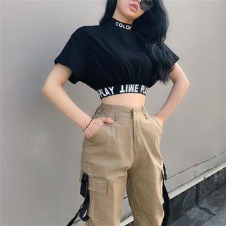 Mock-turtleneck Short-sleeve Lettering Cropped T-shirt